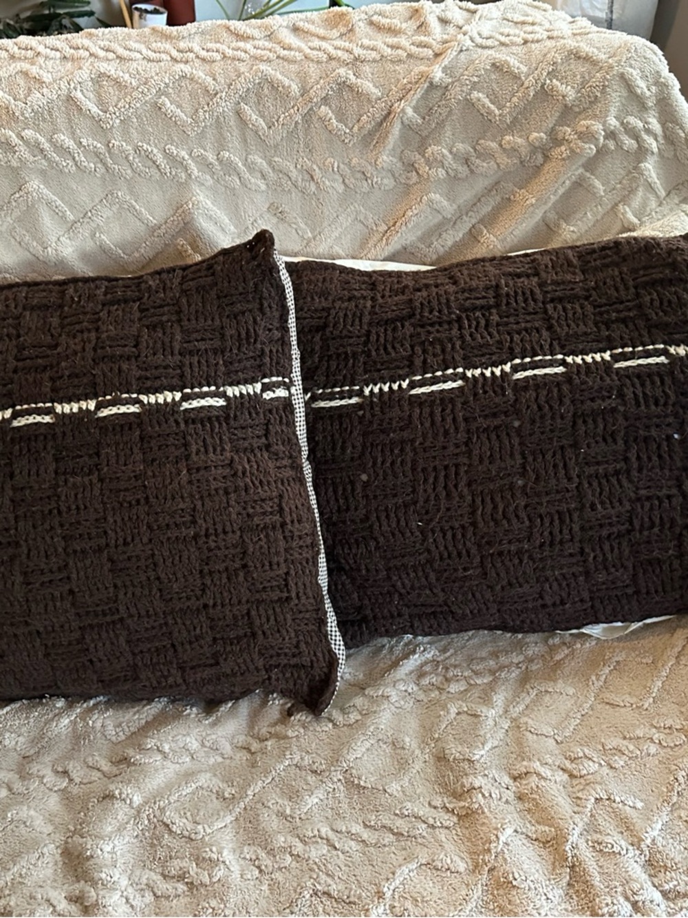 Cream and Brown Textured Throw Pillow Set by